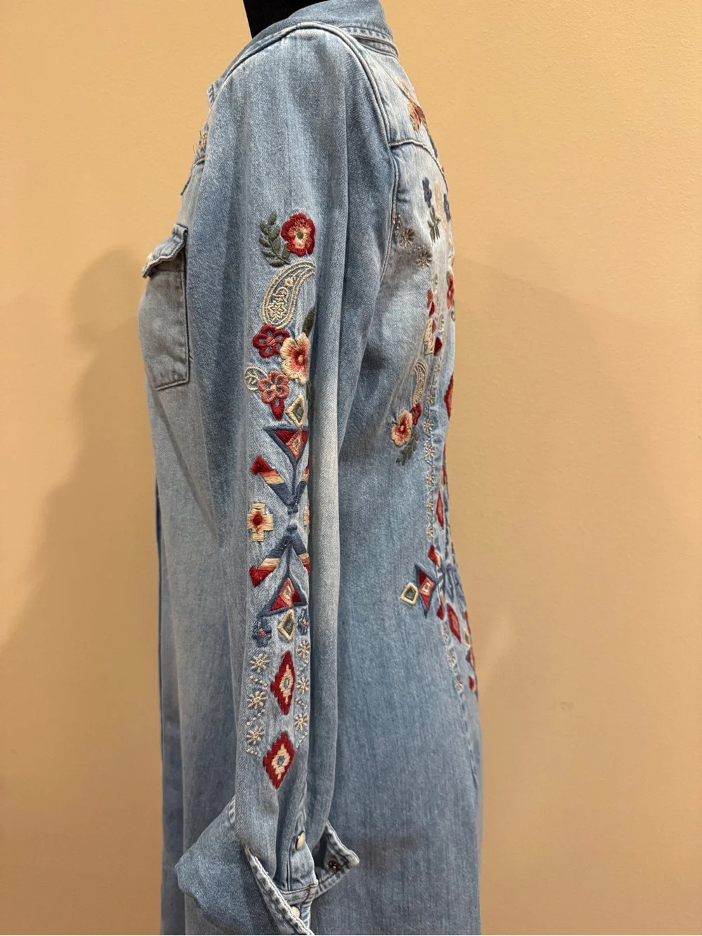 Stetson Light Blue Denim Long Sleeve Embroidered Shirt Dress - Picture 2 of 3